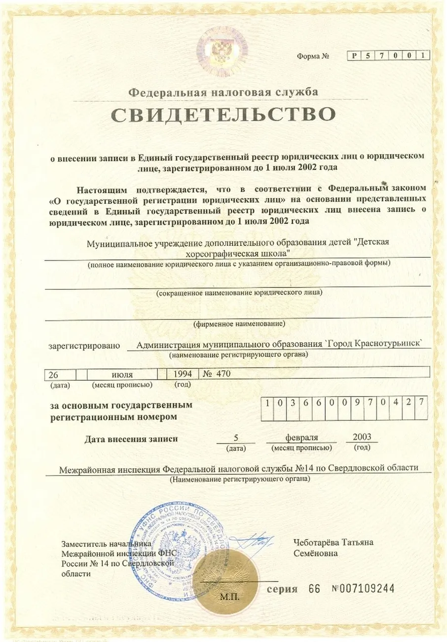 Свидетельство о внесении записи в Единый гос. реестр юр.лиц. (1)